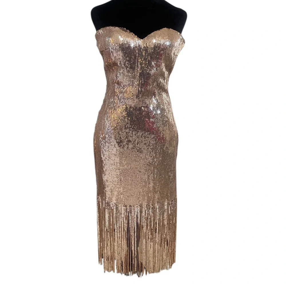 Strapless rose gold sequin dress,tassel sequin bottom, Large,New - Picture 7 of 7